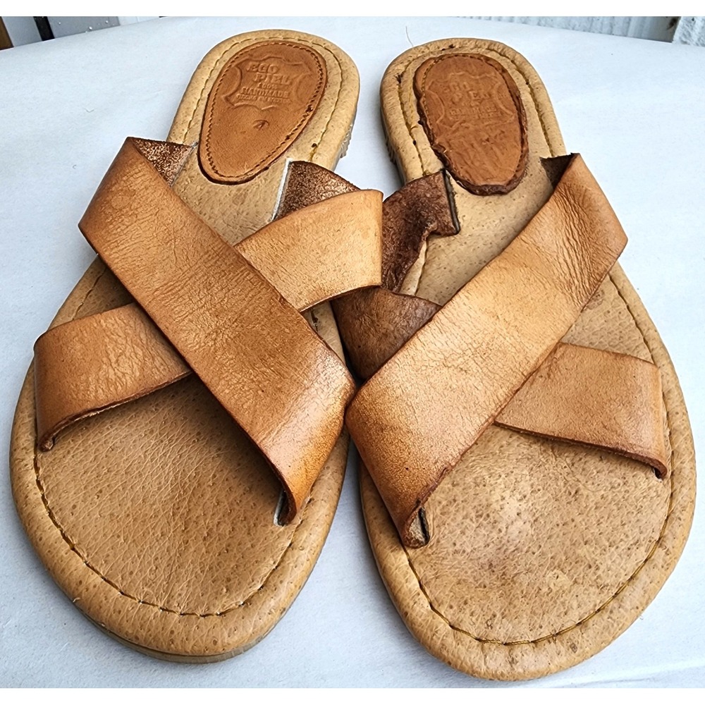 Vintage Ego Piel Sz 7 Tan Leather Handmade Crisscross Slide Sandals Mexico Boho